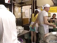 Beautiful Japanese waitress Asuka gets gangbanged and creampied in public