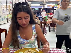 Katty eats lunch in an Asian cafe panty-less and demonstrating pussy in public